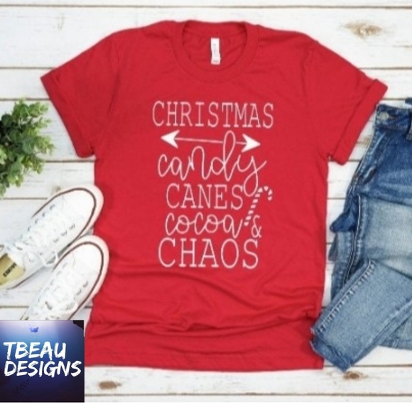Christmas Candy Canes Cocoa and Chaos graphic Tee New - Picture 1 of 2